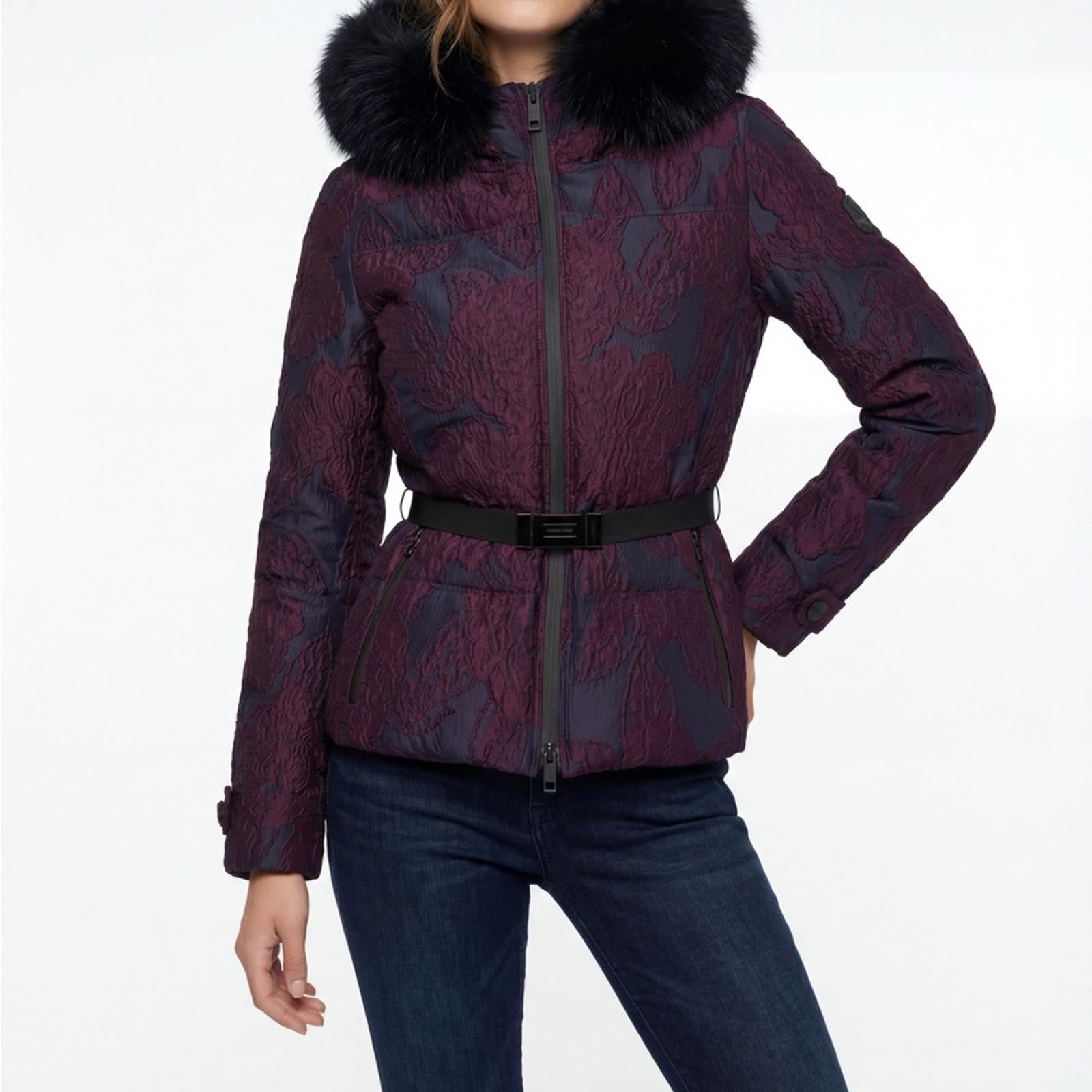 Burberry London Brocade Jacket With Fur Hood Purple Size 6