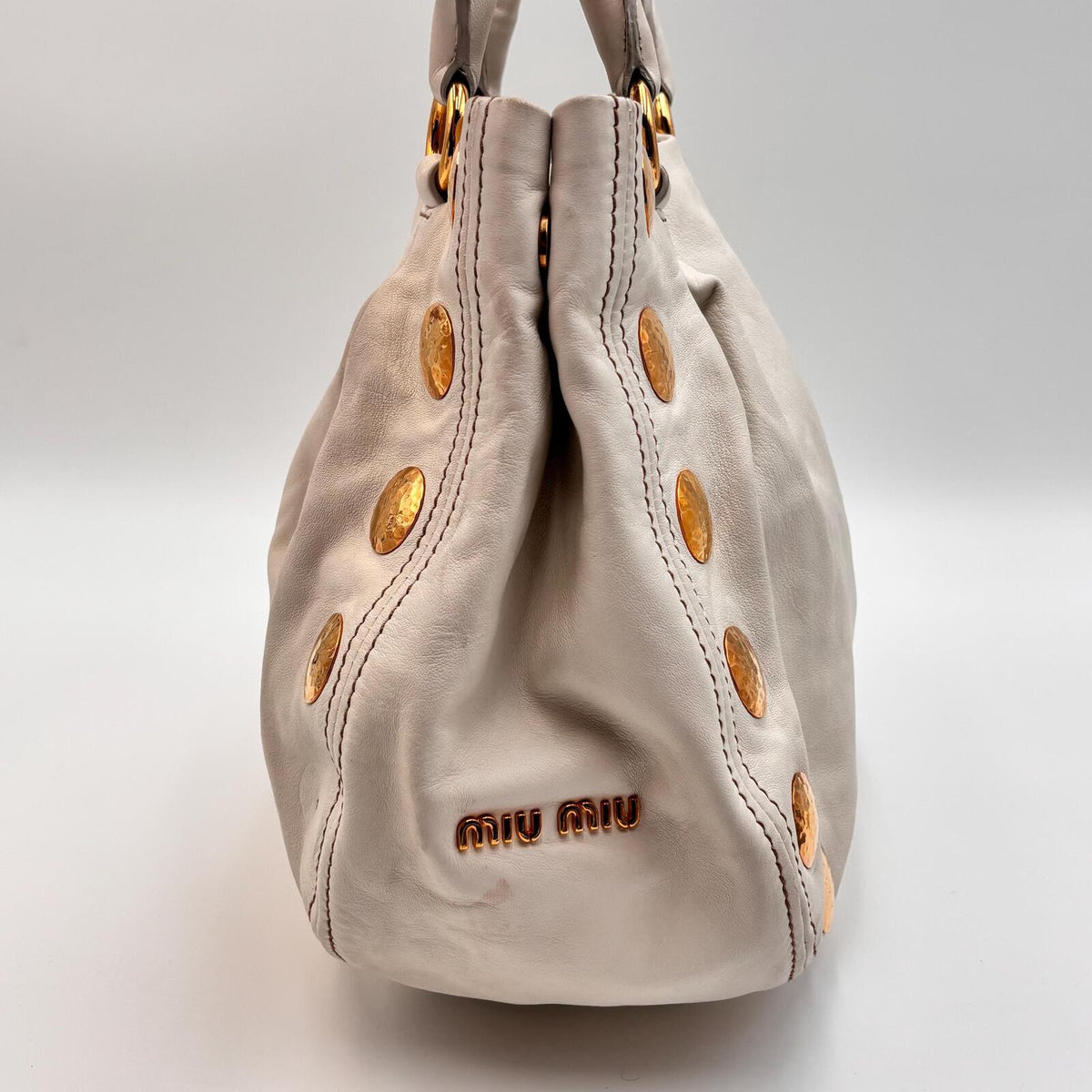 Miu Miu White Leather Studded Tote Bag With Strap