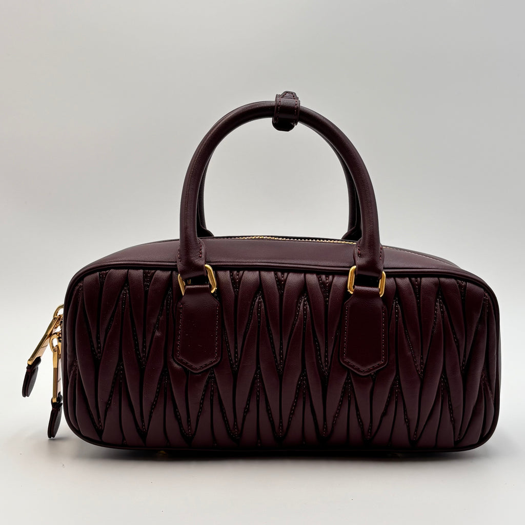 Miu Miu Arcadie Burgundy Matelassé Leather Top Handle Boston Bag With Strap