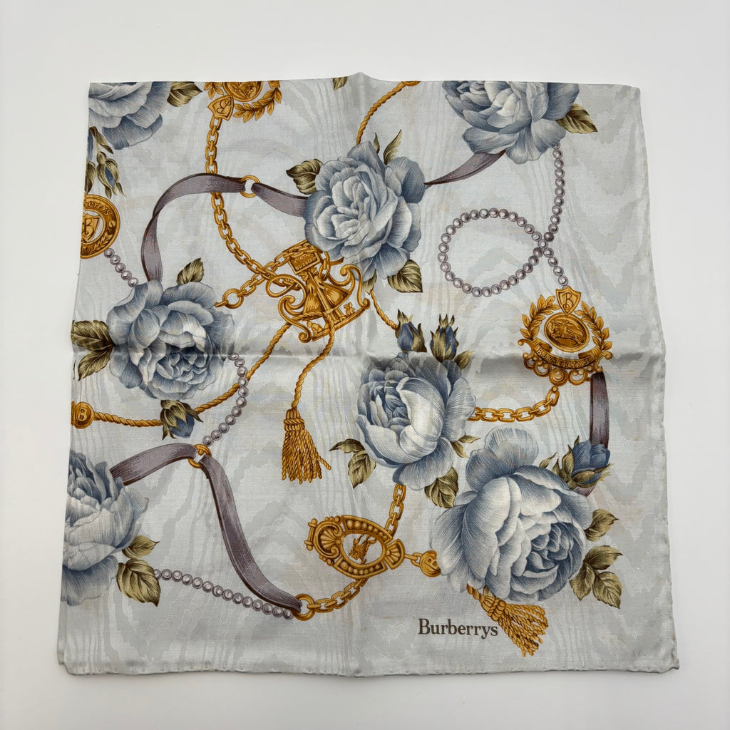 Burberrys Blue Rose & Gold Chain Square Scarf 23” – 1980s–1990s
