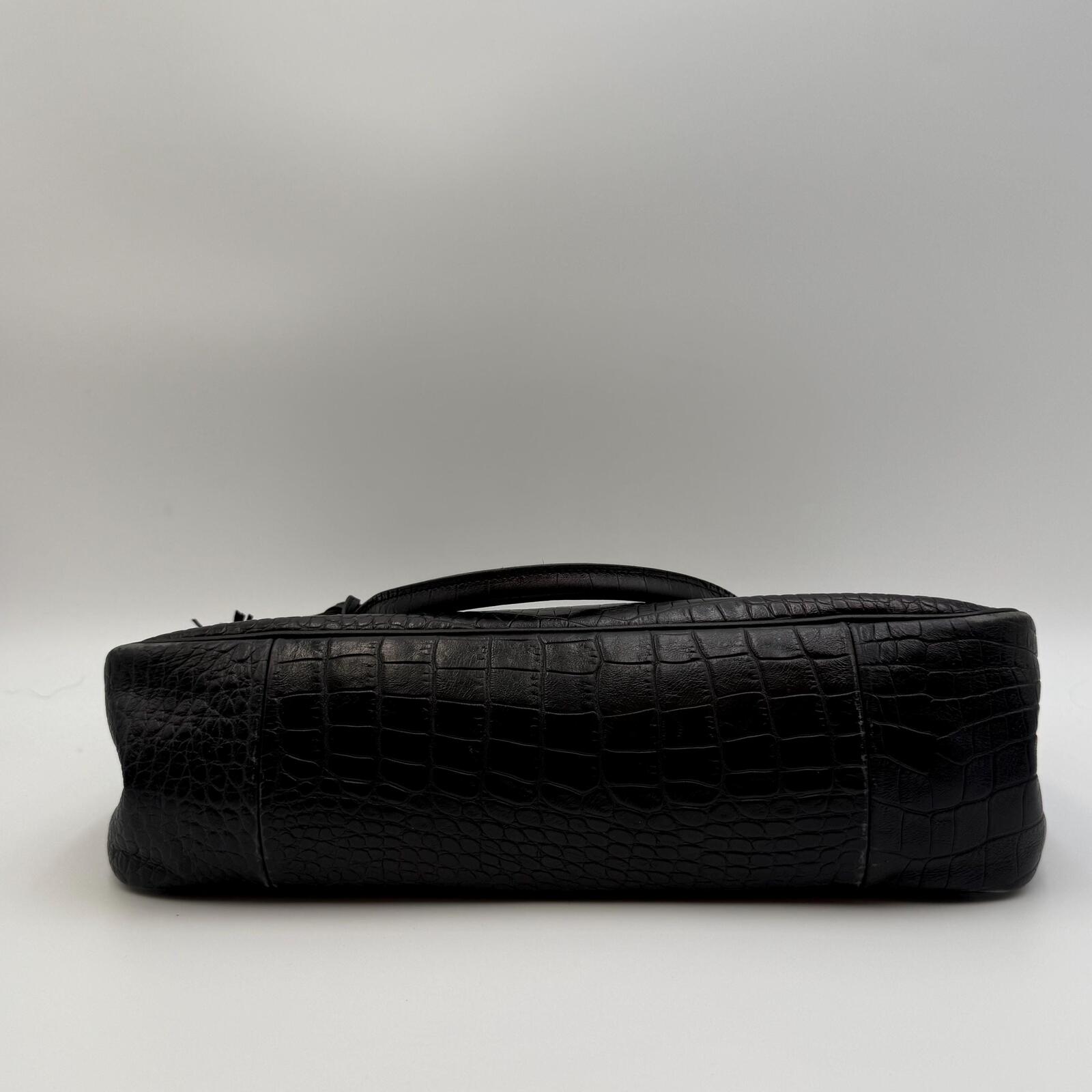Longchamp Black Crocodile Embossed Roseau Tote