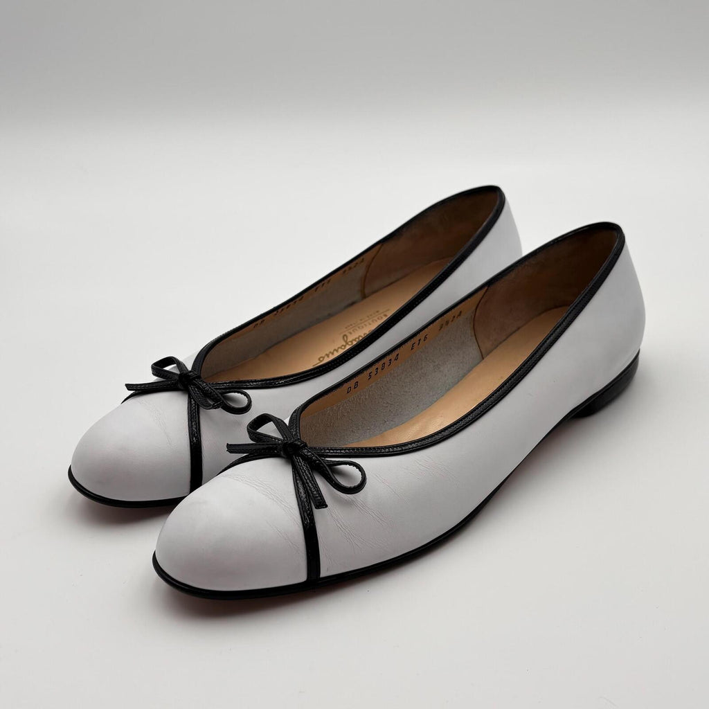 Salvatore Ferragamo White Black Leather Ballet Flats Size9.5