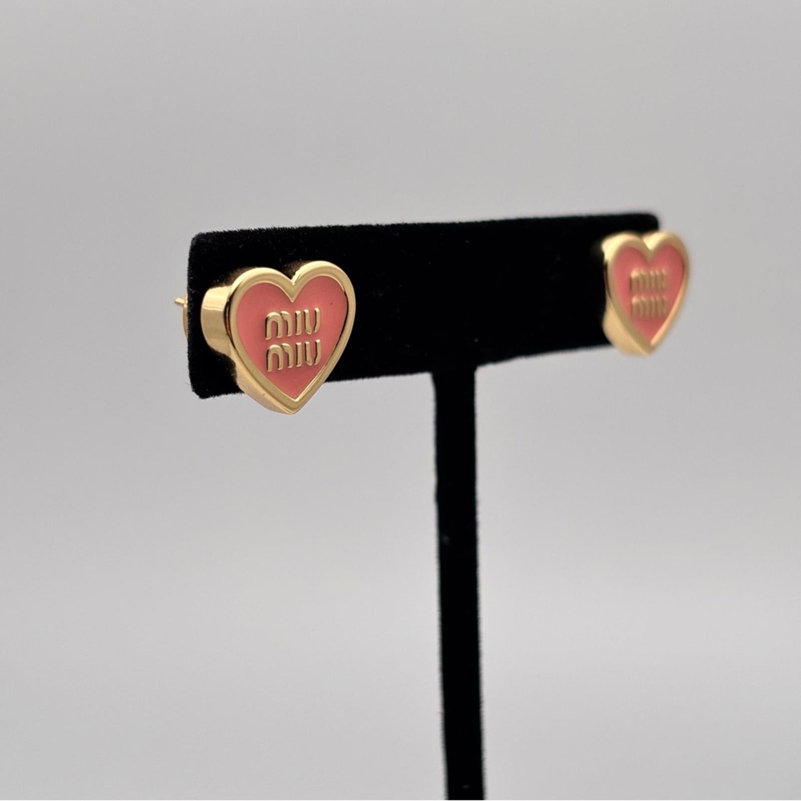Miu Miu Pink Heart Logo Enamel Gold-Tone Stud Earrings