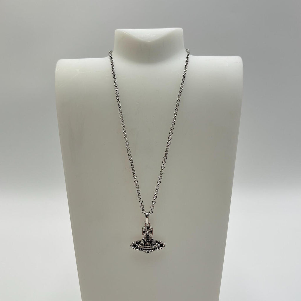 Vivienne Westwood Small Orb Bas Relief Pendant Necklace Black White Crystal