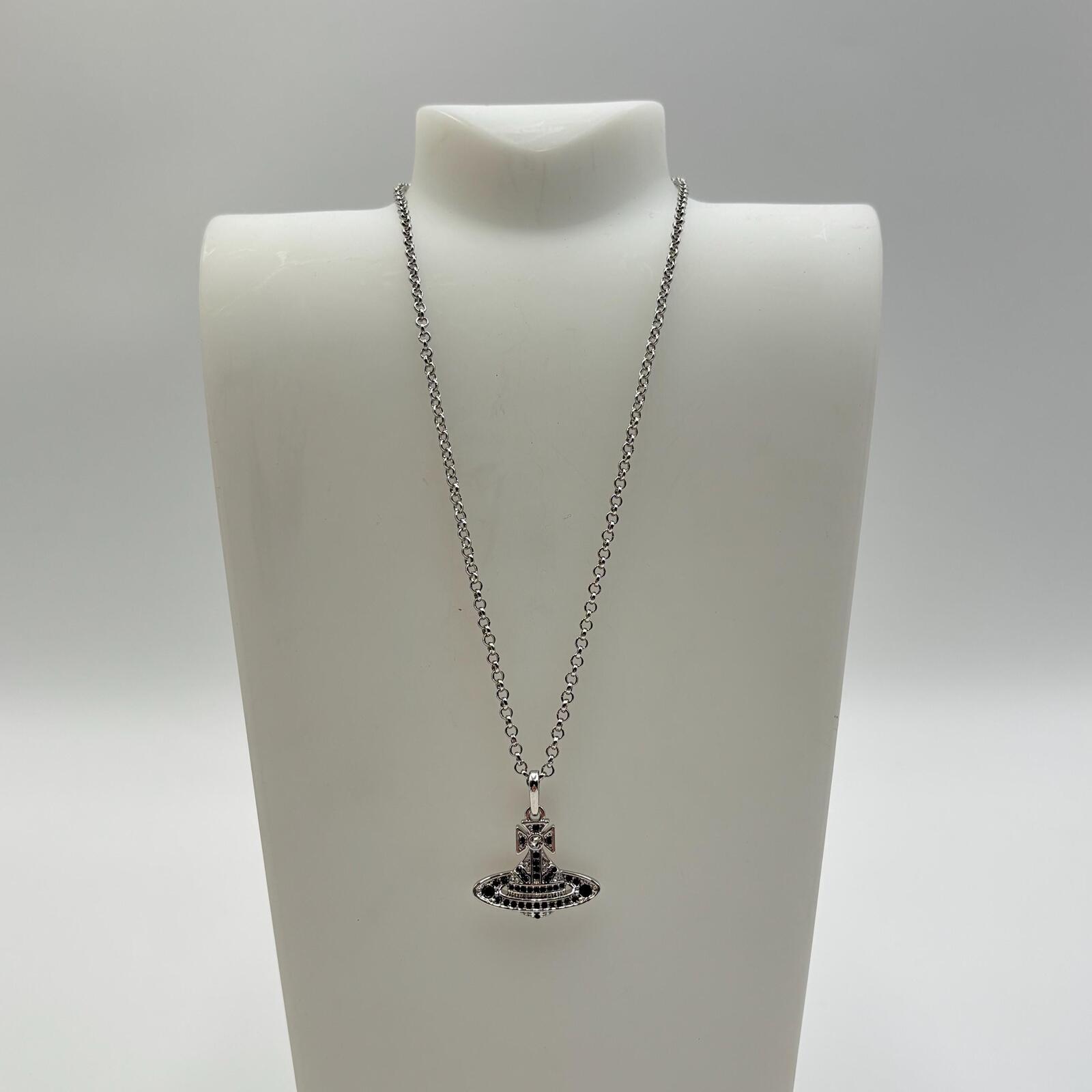 Vivienne Westwood Small Orb Bas Relief Pendant Necklace Black White Crystal