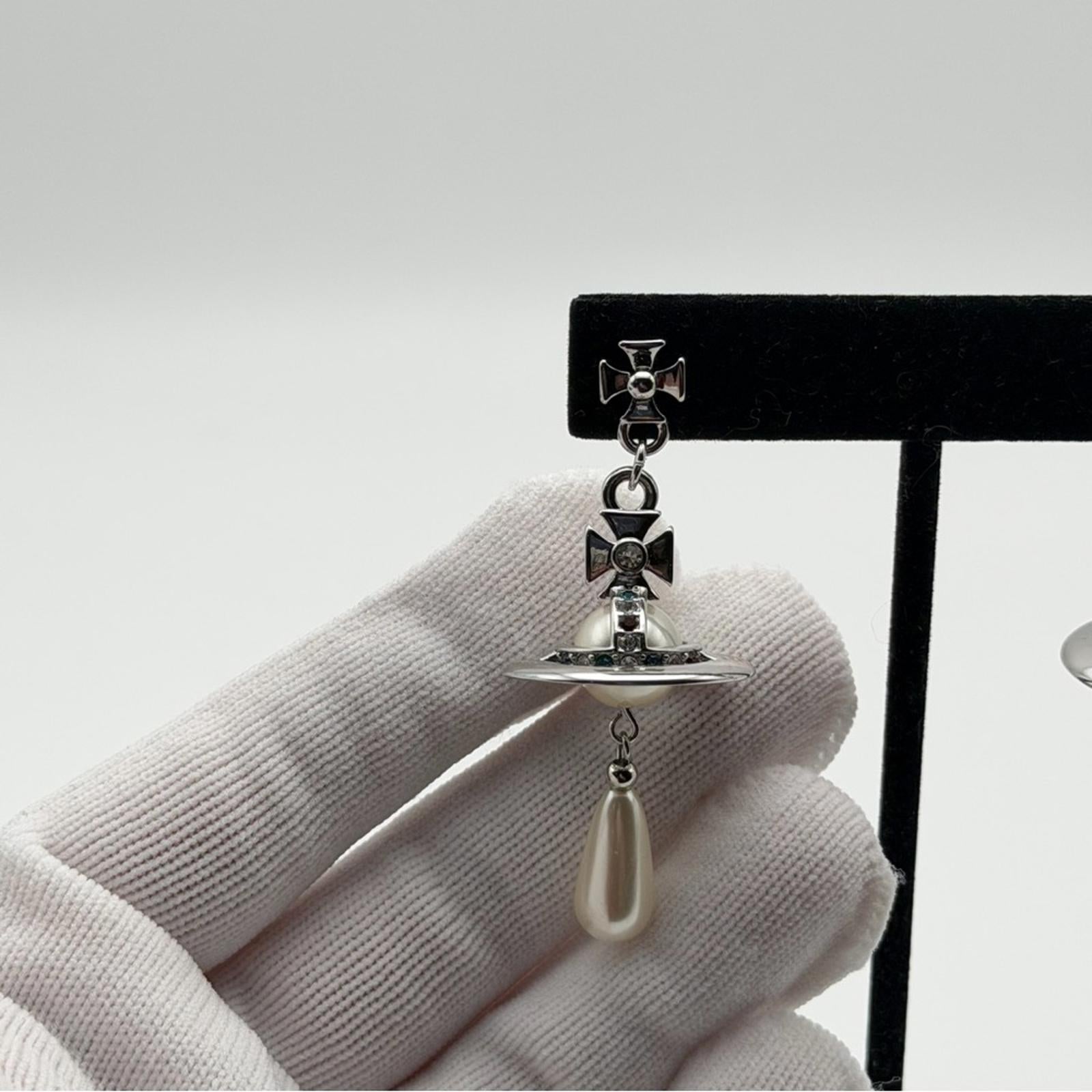 Vivienne Westwood Pearl Drop Earrings – Saturn Orb – Silver Tone