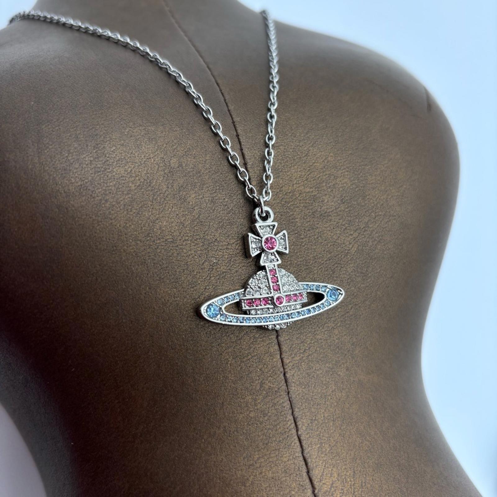 Vivienne Westwood Orb Crystal Pendant Necklace Silver Tone Pink Blue