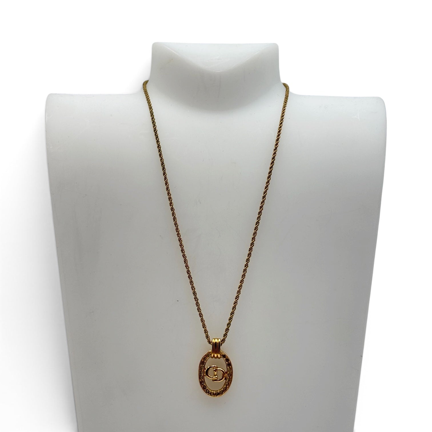 Christian Dior Gold CD Logo Oval Rhinestone Pendant Necklace