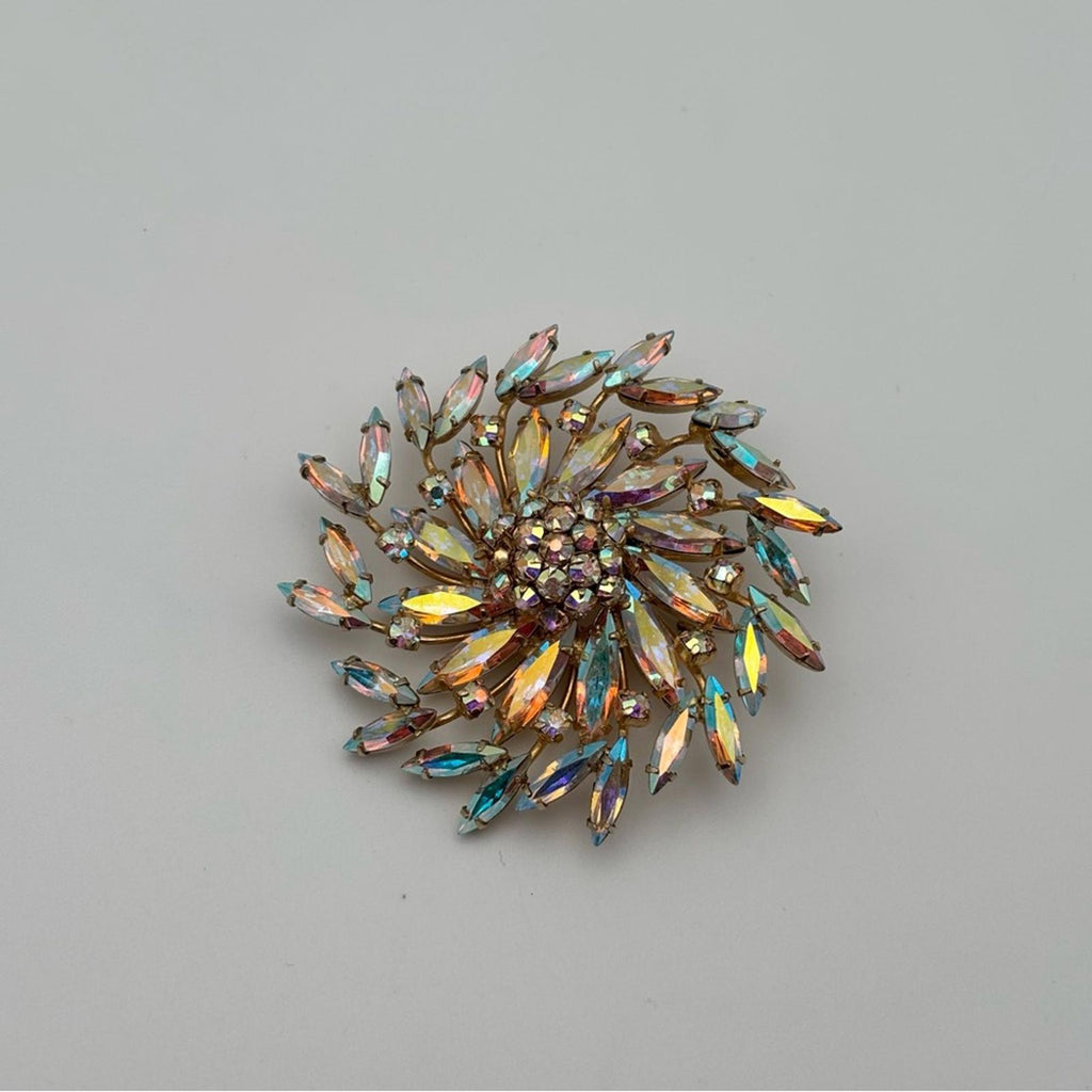 Sherman Aurora Borealis Rhinestone Floral Brooch – Gold Tone