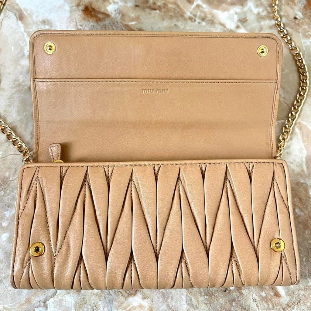 MIU MIU Matelasse Leather Bifold Long Wallet on Chain in Tan