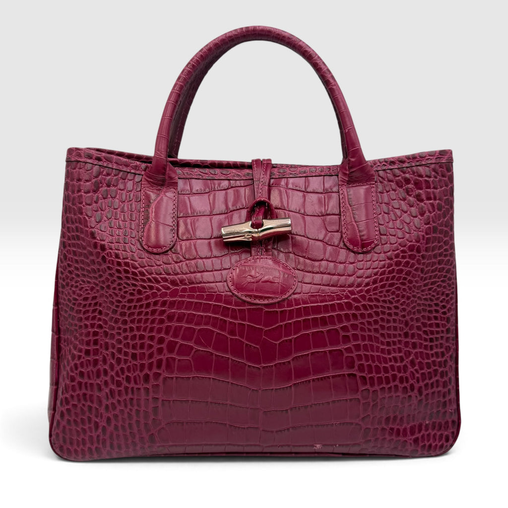 Longchamp Roseau Crocodile-Embossed Leather Tote by Philippe Cassegrain, Fuchsia, c. 2000s