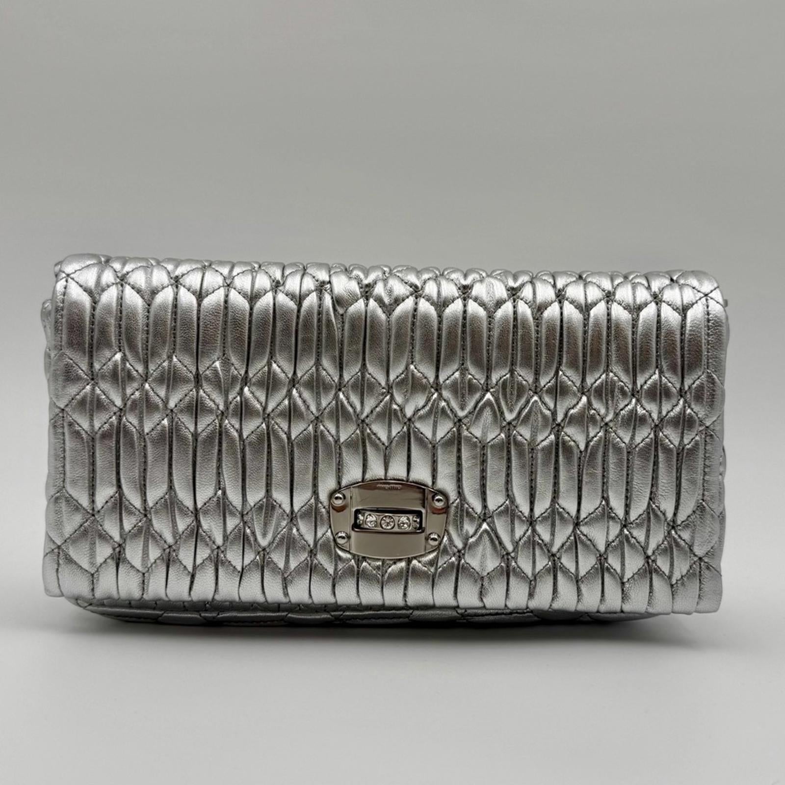 Miu Miu Silver Matelassé Leather Shoulder Bag With Crystal Chain