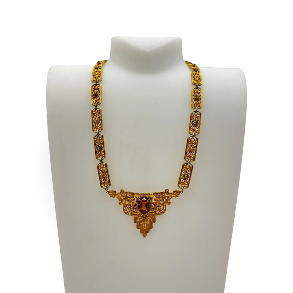 Birks Art Deco Filigree Statement Necklace Amber Crystal