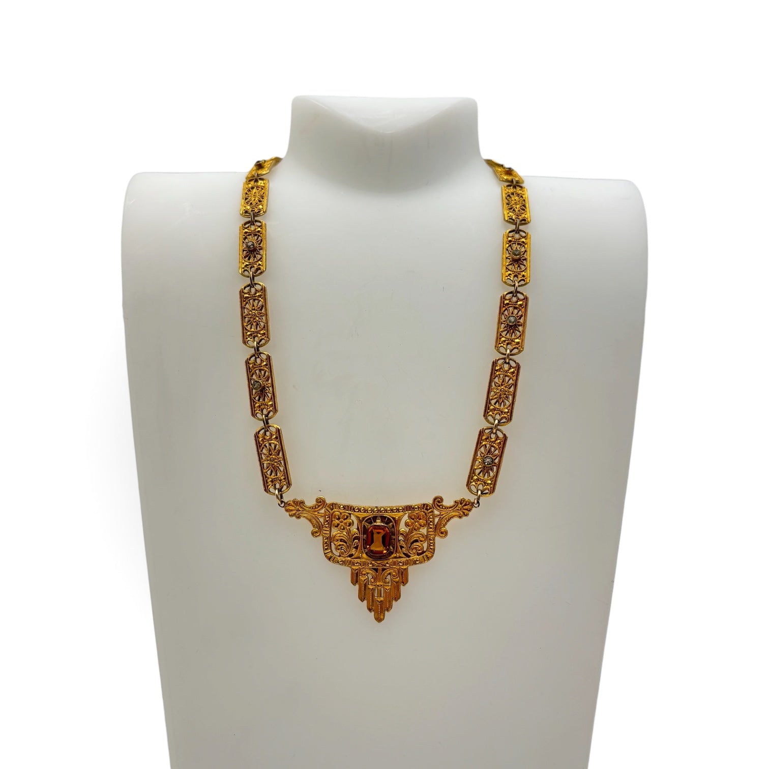 Birks Art Deco Filigree Statement Necklace Amber Crystal