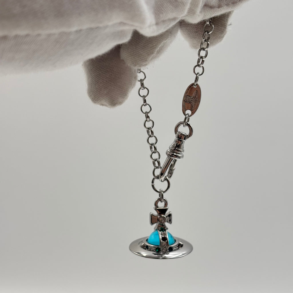 Vivienne Westwood Blue Crystal Orb Chain Bracelet in Silver