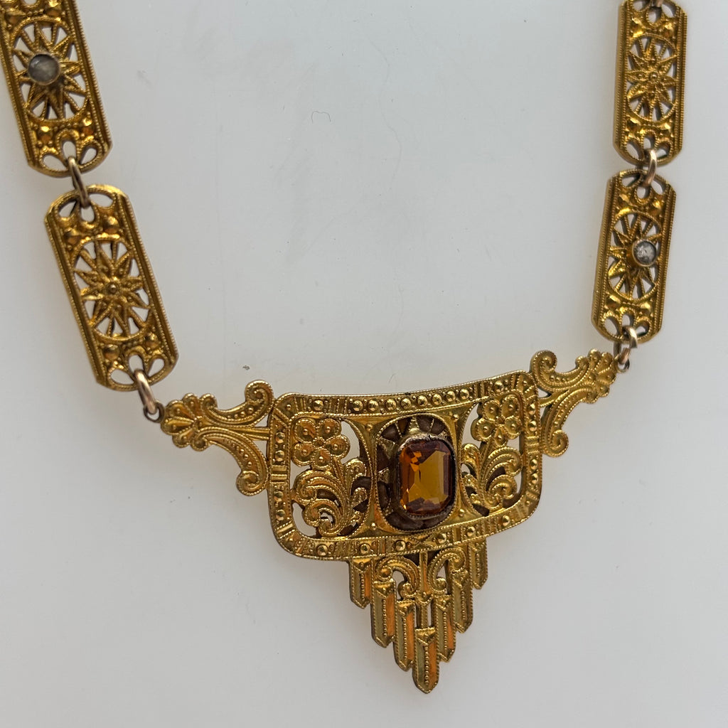 Birks Art Deco Filigree Statement Necklace Amber Crystal