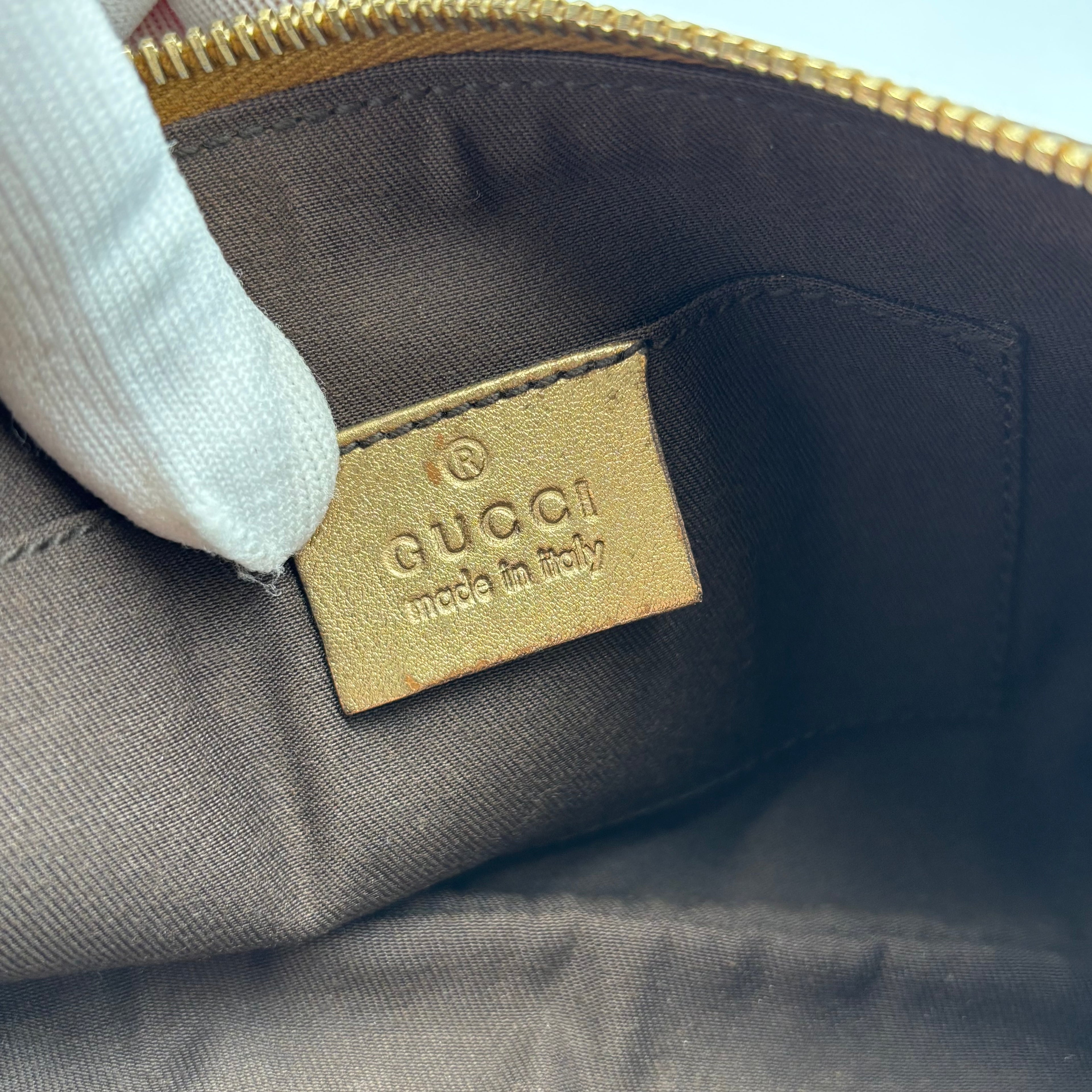 Gucci GG Canvas Bow Wristlet Pouch Metallic Gold Leather