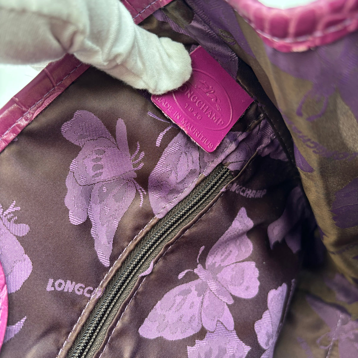 Longchamp Roseau Croc-Embossed Leather Tote in Fuchsia Pink