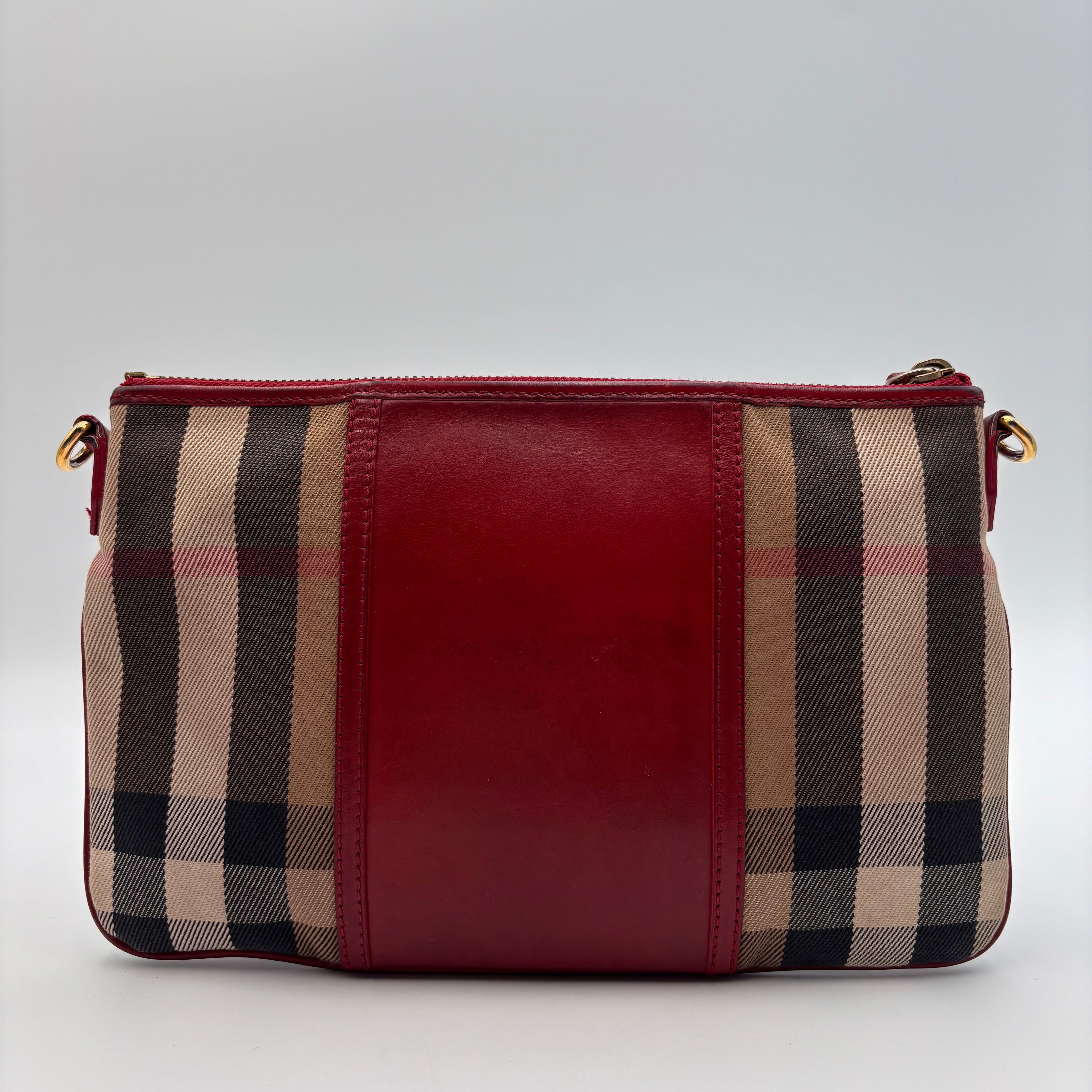 Burberry Nova Check Canvas & Red Leather Crossbody Bag