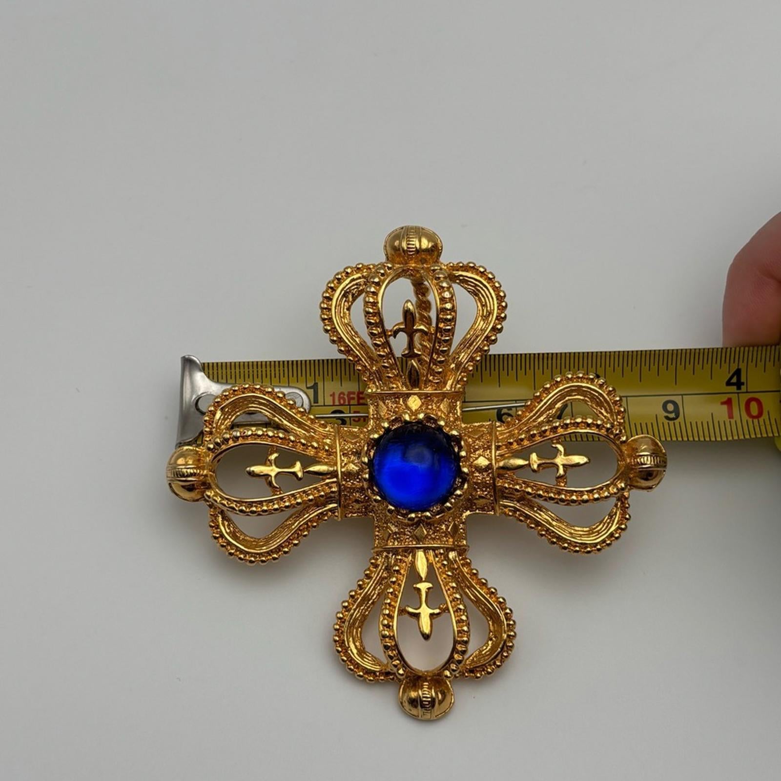 Vintage Park Lane Gold-Tone Maltese Cross Brooch With Blue Cabochon