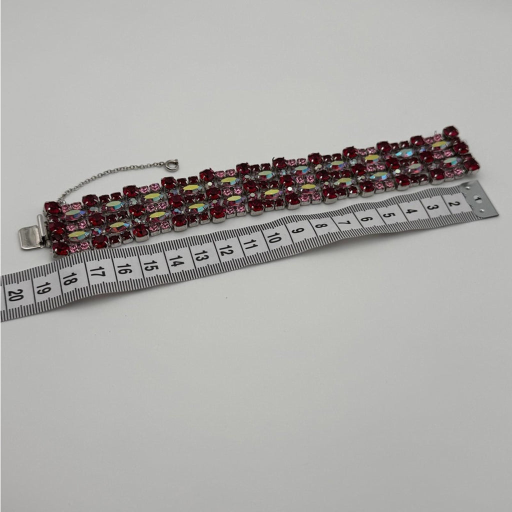 Vintage Sherman Red & Pink Aurora Borealis Rhinestone Wide Bracelet – Signed