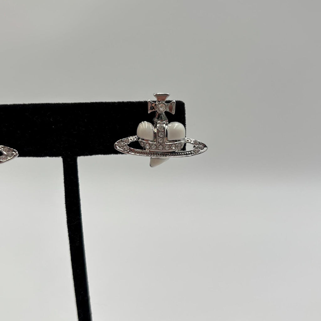 Vivienne Westwood Diamante Heart Orb Crown Stud Earrings Silver Tone