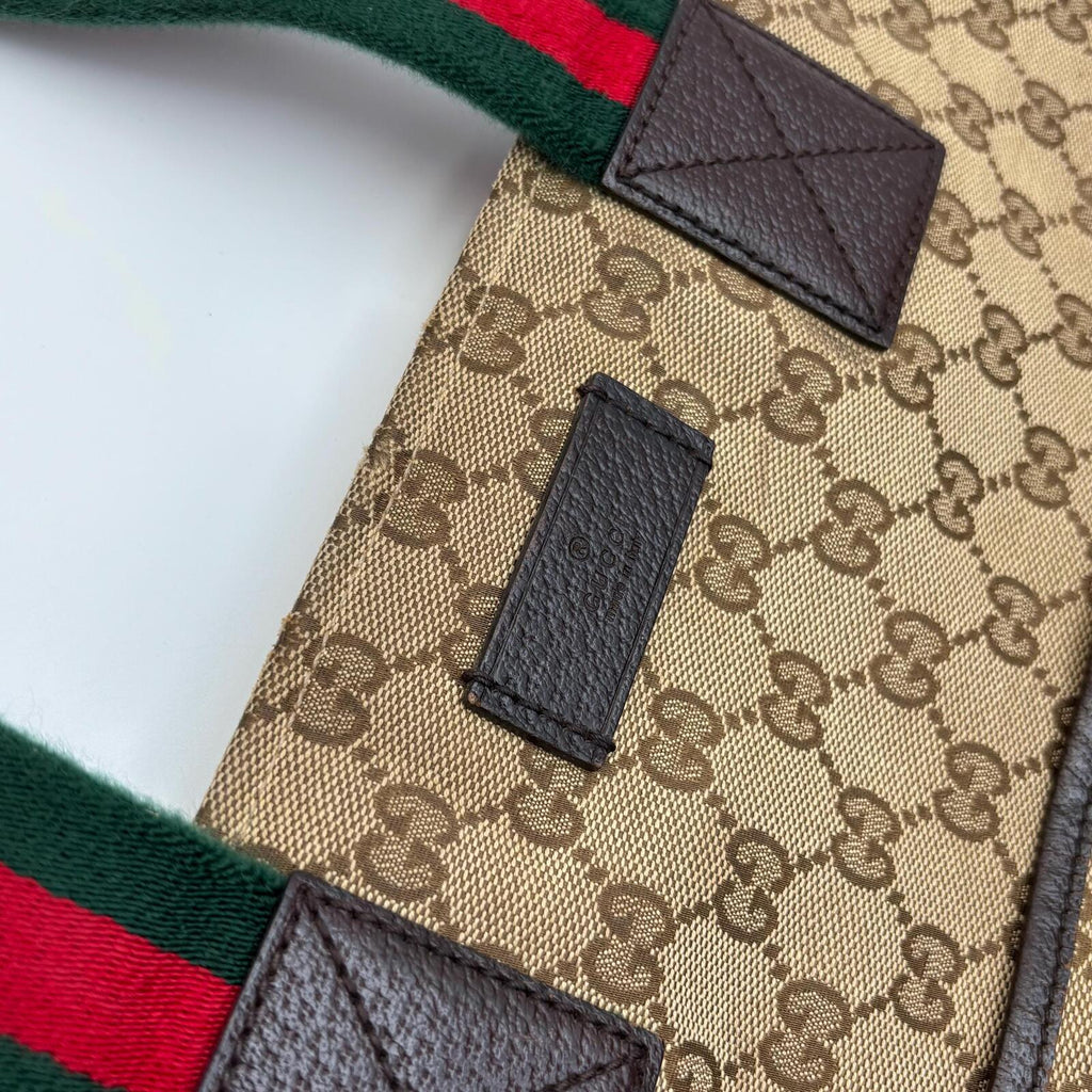Gucci GG Canvas Web Tote Bag Brown Beige