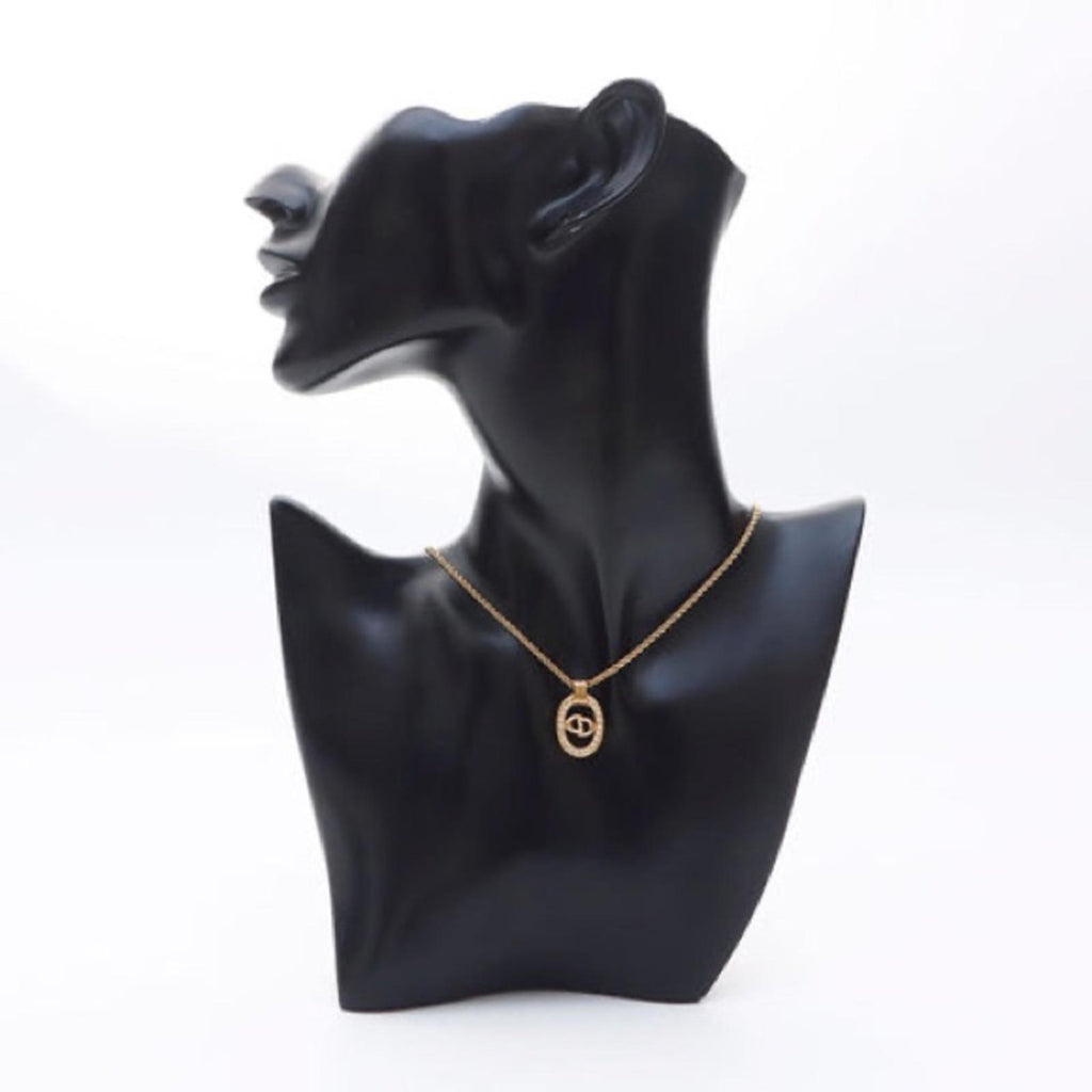 Christian Dior Gold CD Logo Oval Rhinestone Necklace