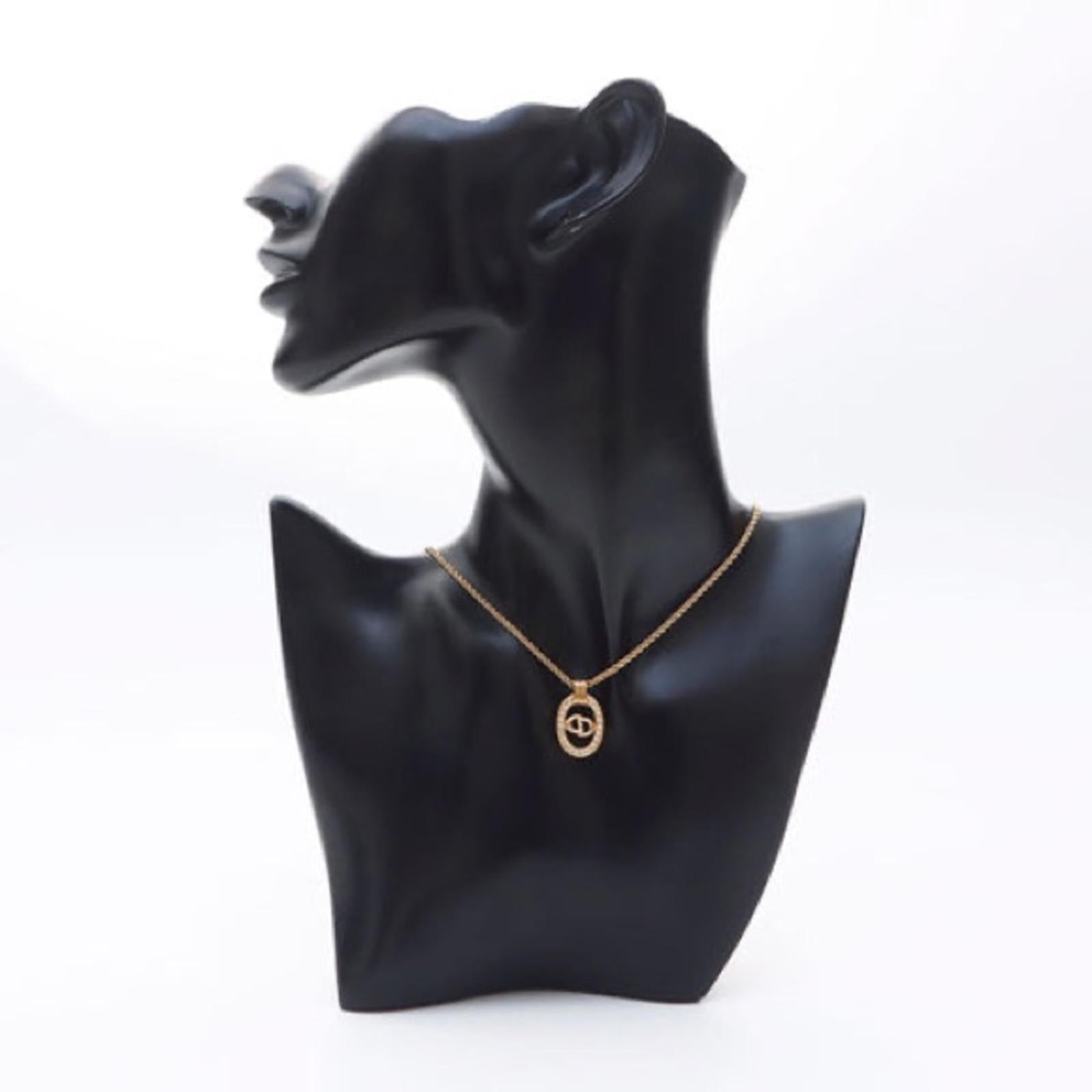 Christian Dior Gold CD Logo Oval Rhinestone Necklace