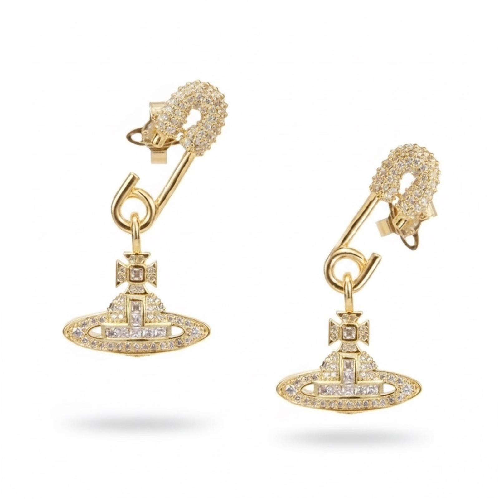 VIVIENNE WESTWOOD GOLD-TONE SAFETY PIN ORB DROP EARRINGS