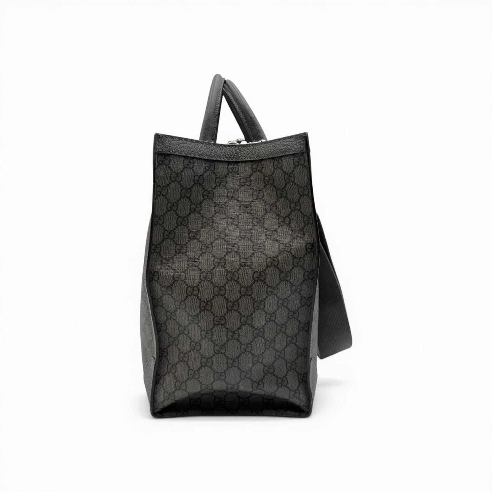 Gucci GG Supreme Monogram Tote Bag With Web Strap Gray Black