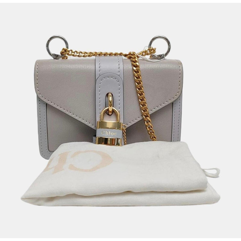 Chloé Aby Mini Chain Leather Shoulder Bag Grey Gold Hardware