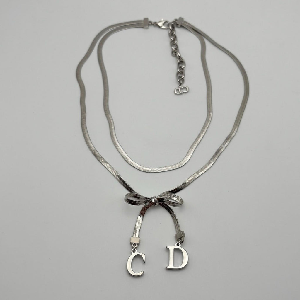 Christian Dior CD Bow Charm Necklace Silver Tone Double Chain