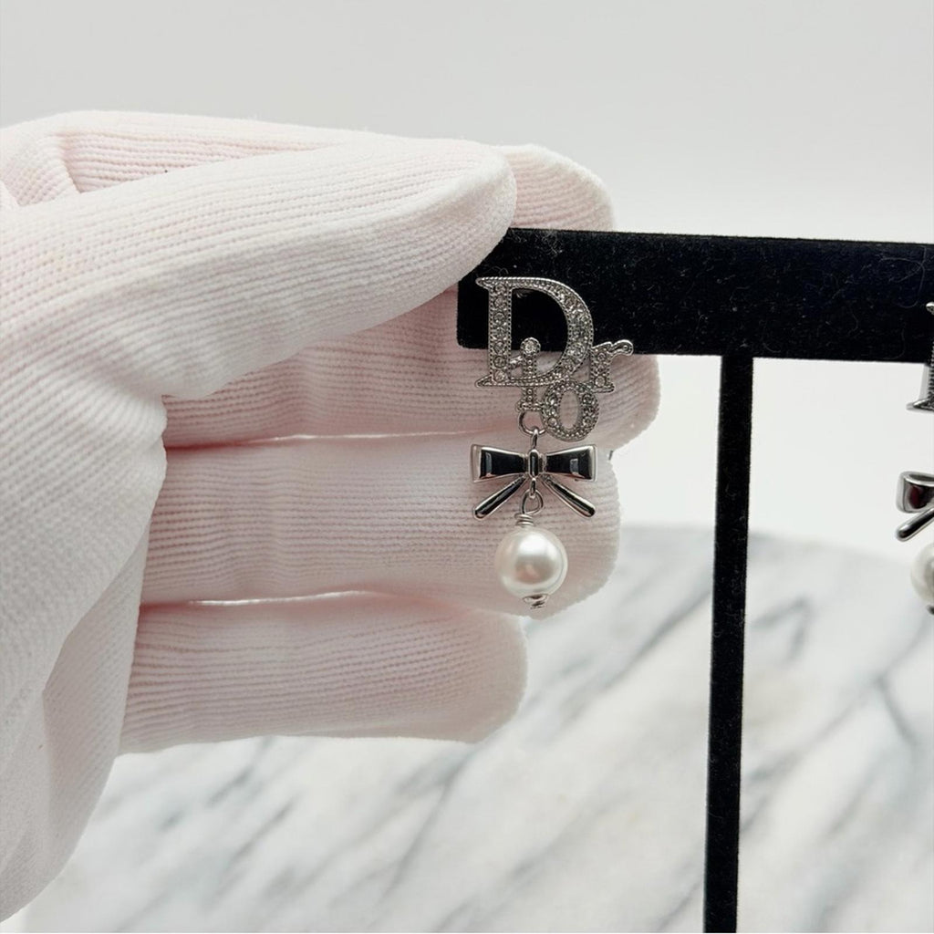 Christian Dior Logo Pearl Bow Drop Earrings Silver Tone