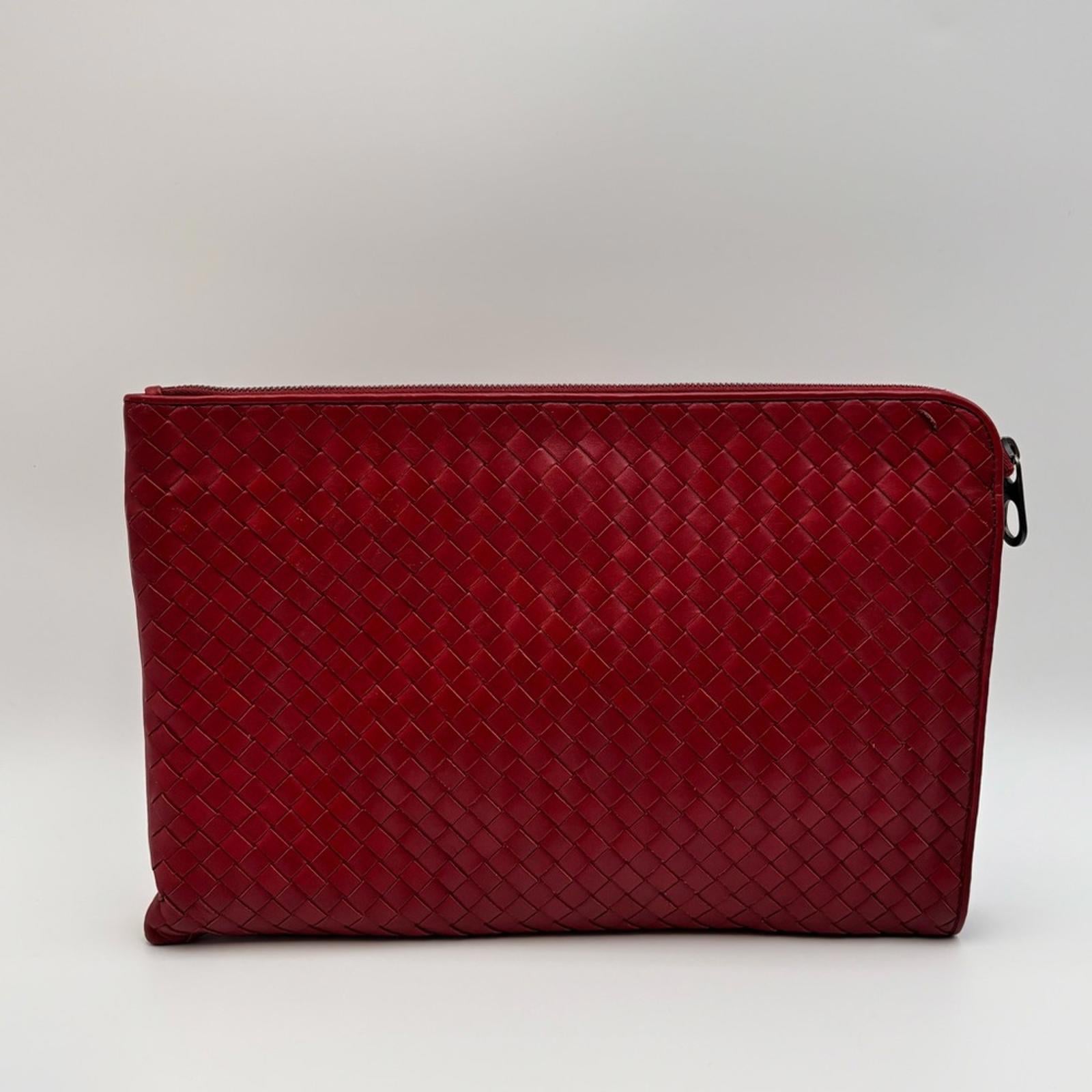 Bottega Veneta Intrecciato Red Leather Document Pouch Clutch