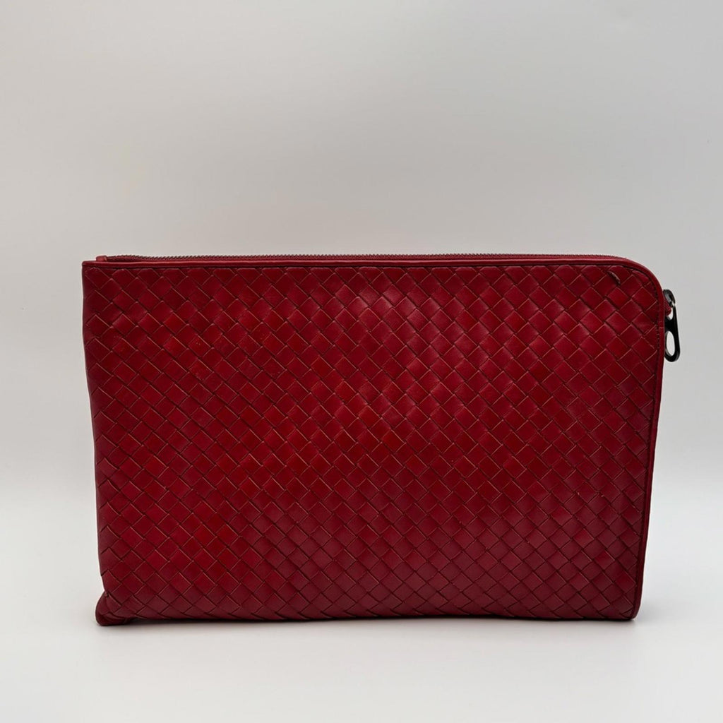 Bottega Veneta Intrecciato Red Leather Document Pouch Clutch
