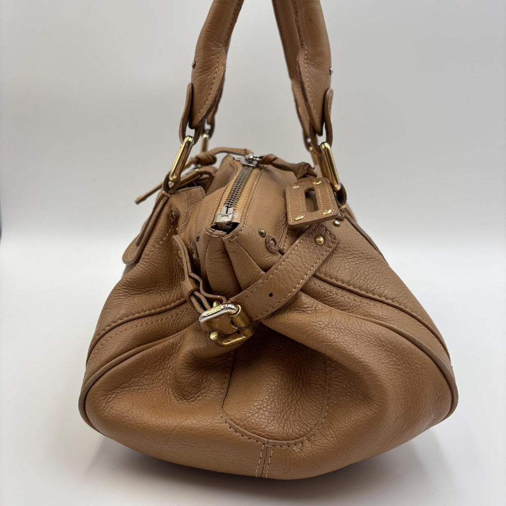 Chloé Paddington Medium Satchel Bag Tan Brown Pebbled Leather Gold Hardware