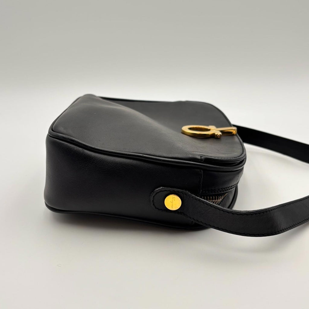 Salvatore Ferragamo Black Leather Crossbody Bag – Gold Gancini Hardware