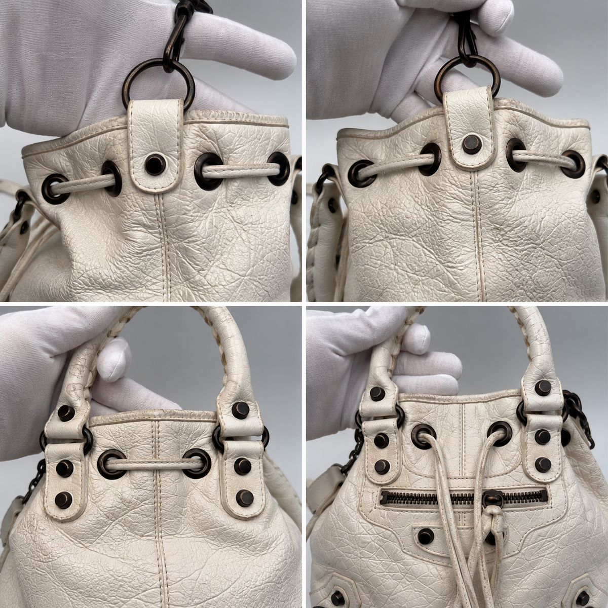 Balenciaga Classic Mini Pompon White Leather Bucket Bag