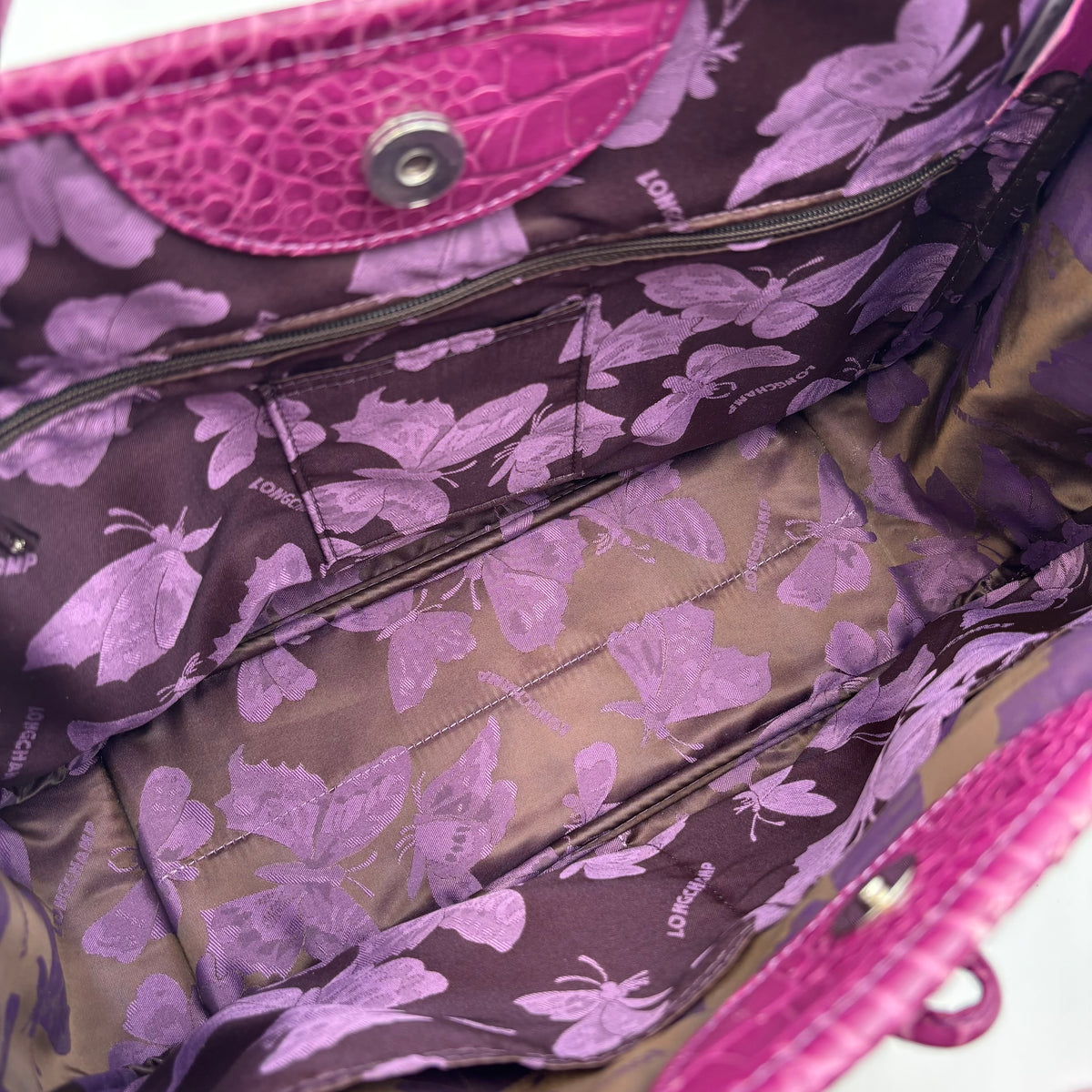 Longchamp Roseau Croc-Embossed Leather Tote in Fuchsia Pink