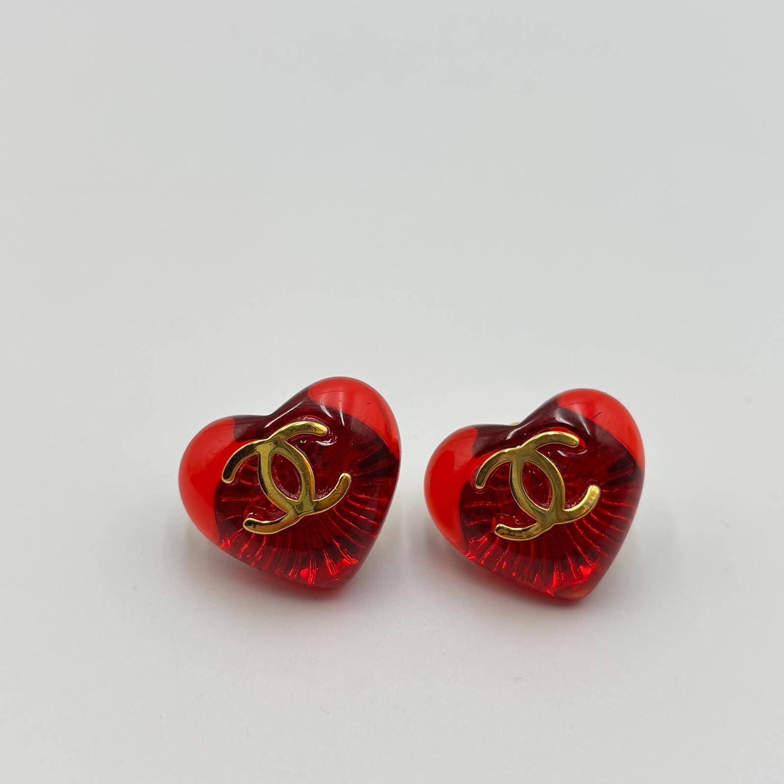 Chanel Vintage Red Resin Heart CC Stud Earrings Gold Tone