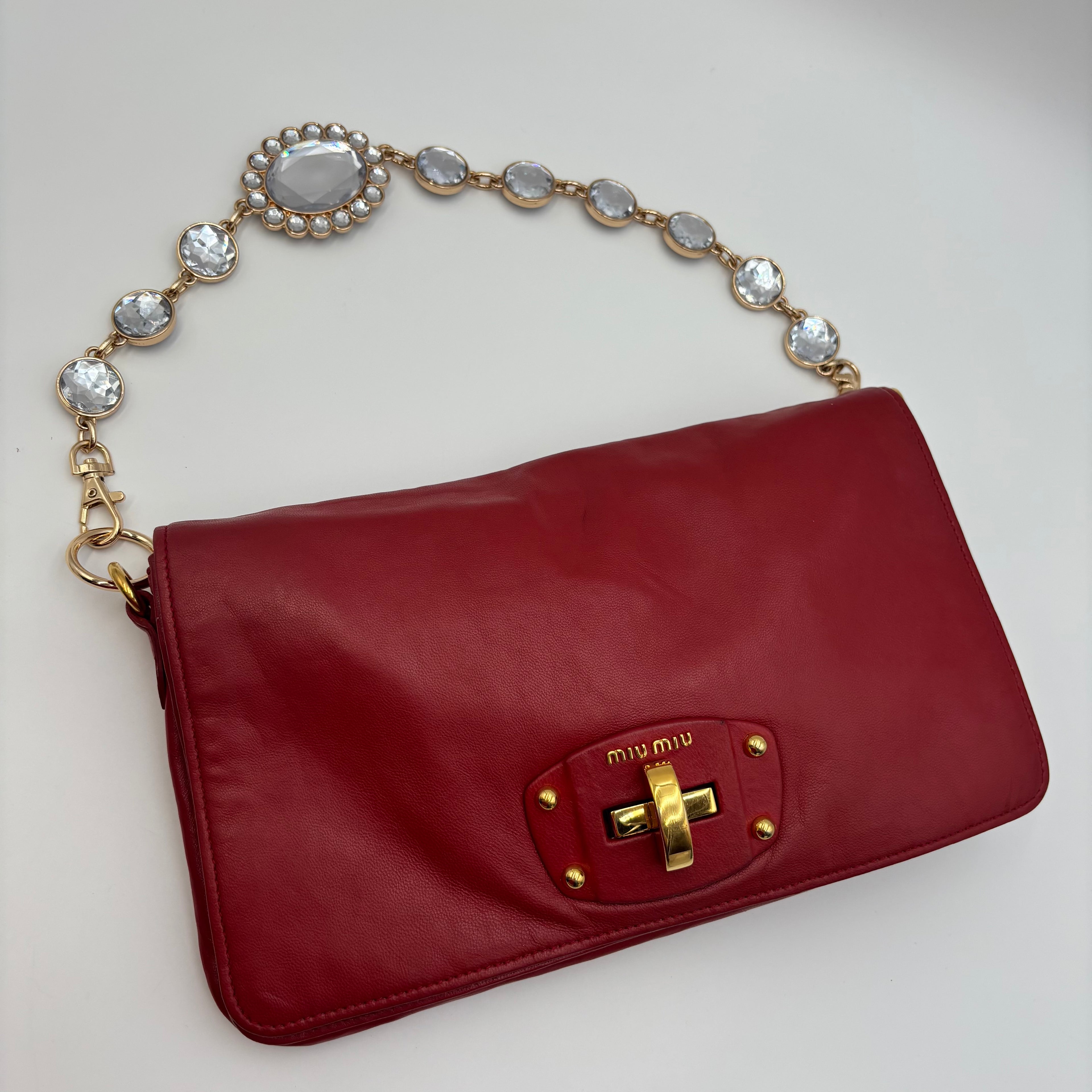 Miu Miu Vitello Lux Red Leather Crystal Chain Clutch Shoulder Bag