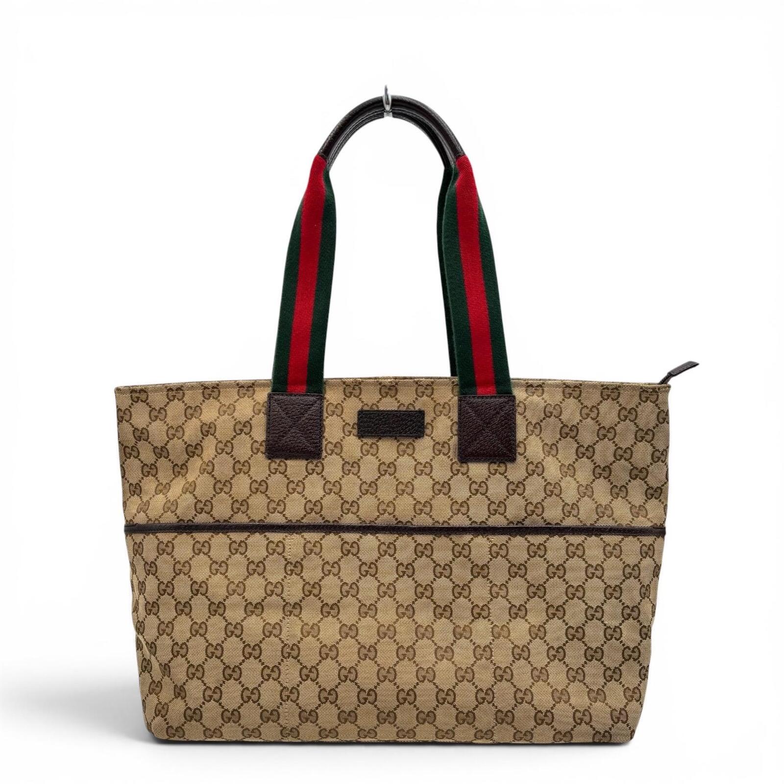 Gucci GG Canvas Web Tote Bag Brown Beige