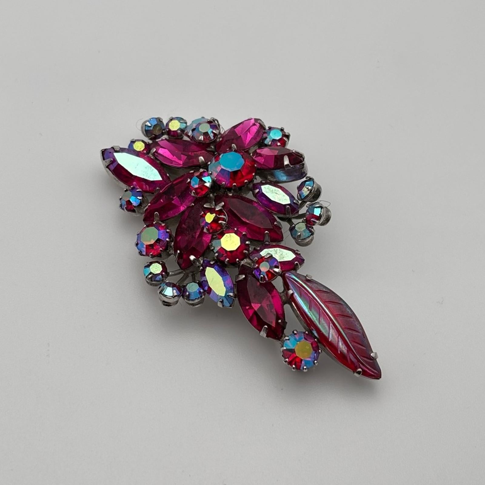 Sherman Pink Aurora Borealis Rhinestone Flower Brooch Pin