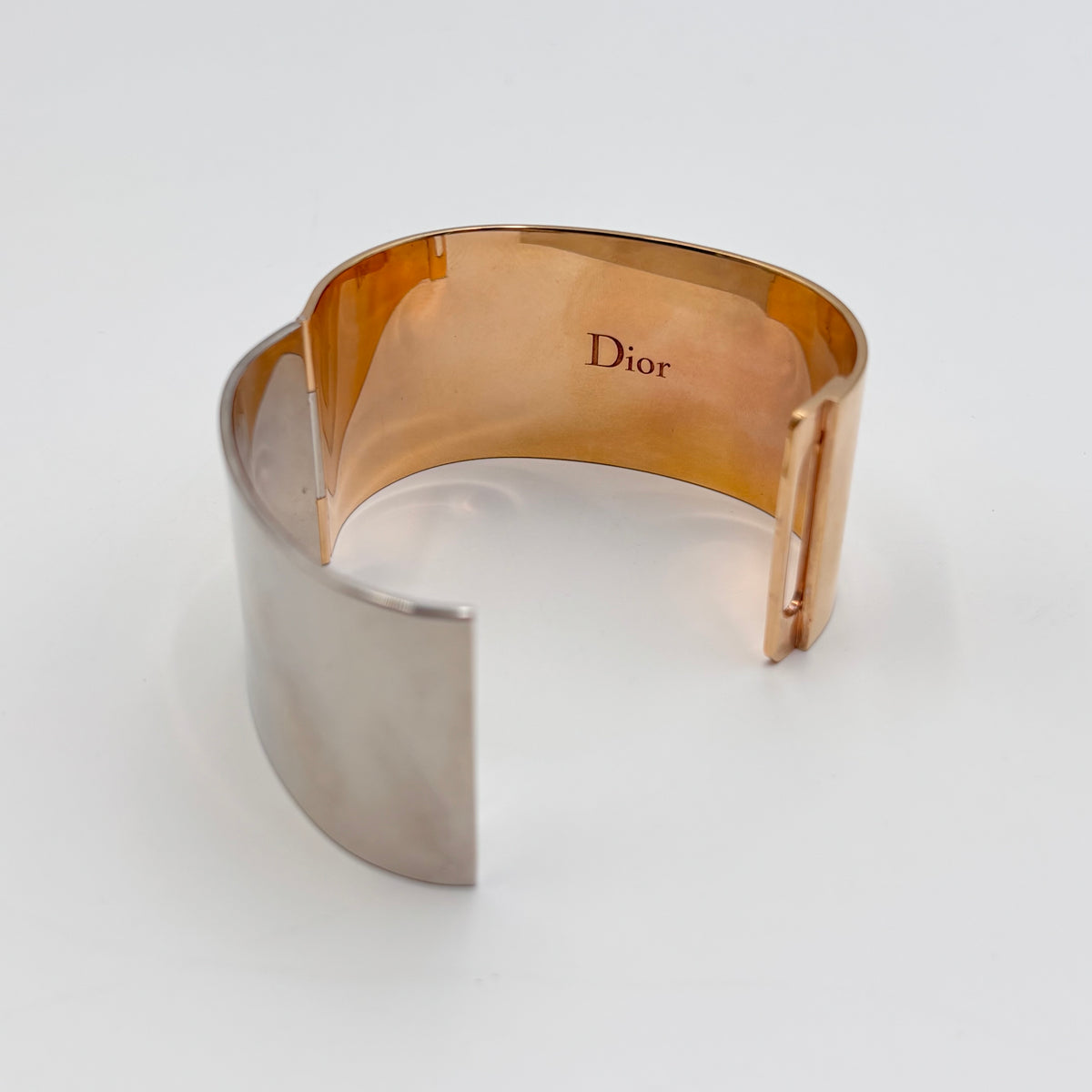 Christian Dior Two-Tone Mirror Finish Wide Logo Cuff Bracelet 2010s