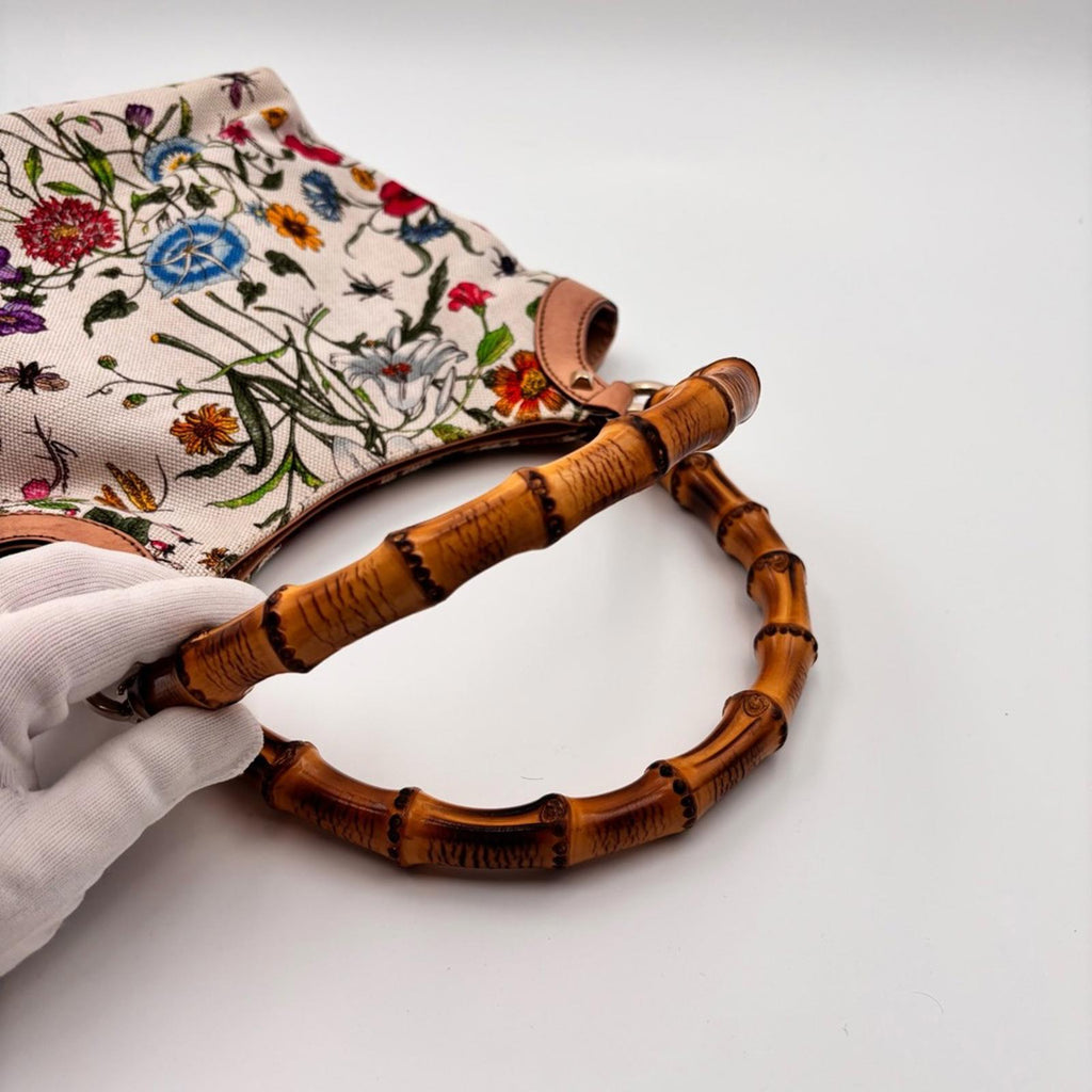 Gucci White Flora Floral Canvas Bamboo
Top Handle Mini Tote Bag