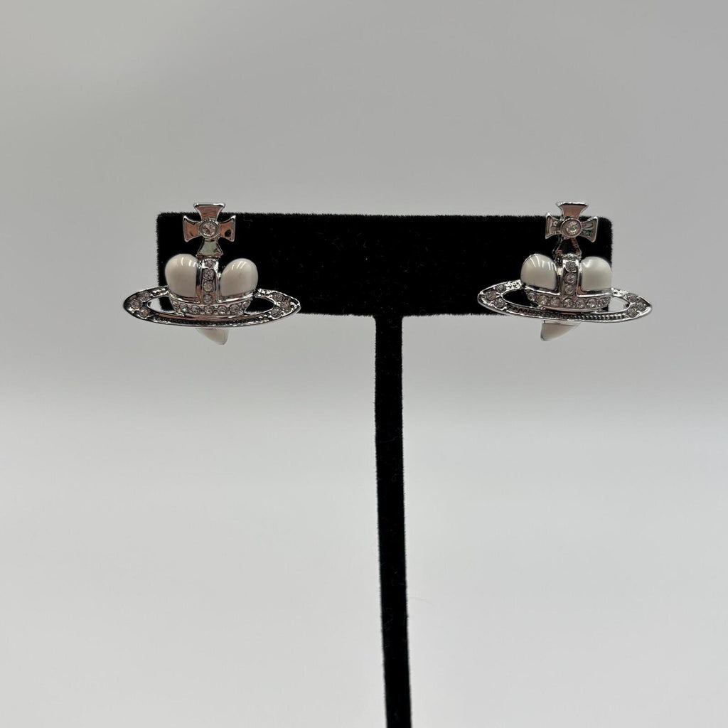 Vivienne Westwood Diamante Heart Orb Crown Stud Earrings Silver Tone