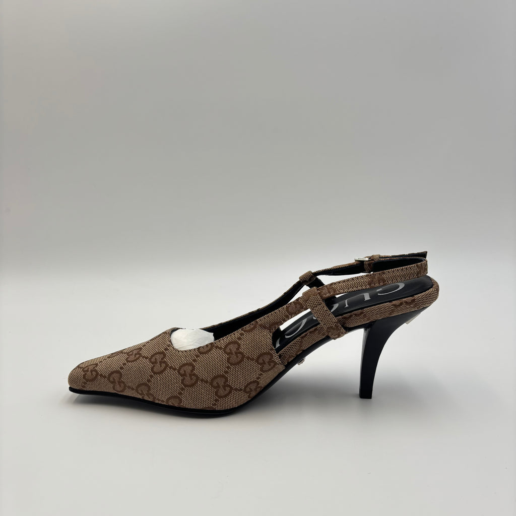 Gucci GG Canvas Slingback Kitten Heels Brown Monogram