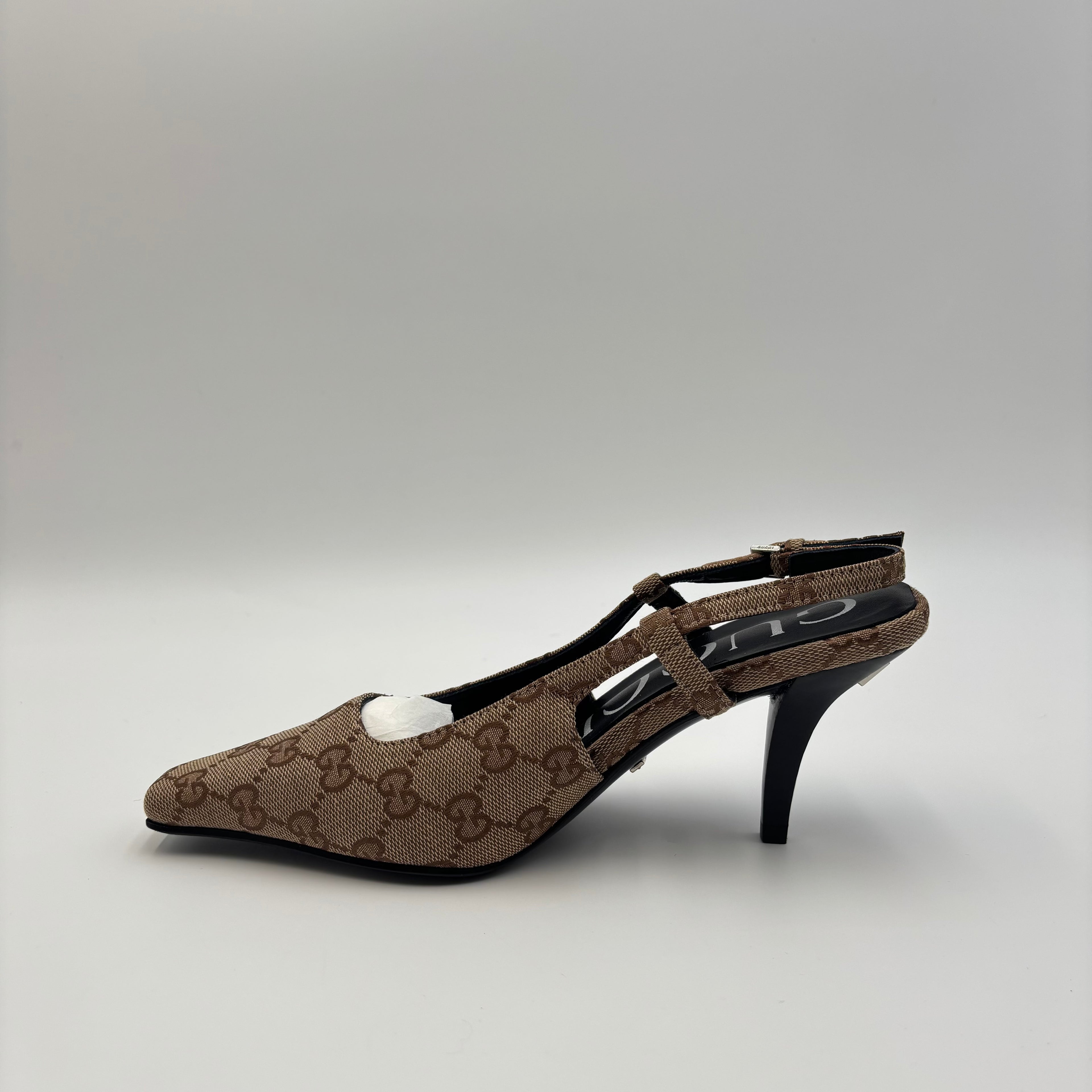 Gucci GG Canvas Slingback Kitten Heels Brown Monogram