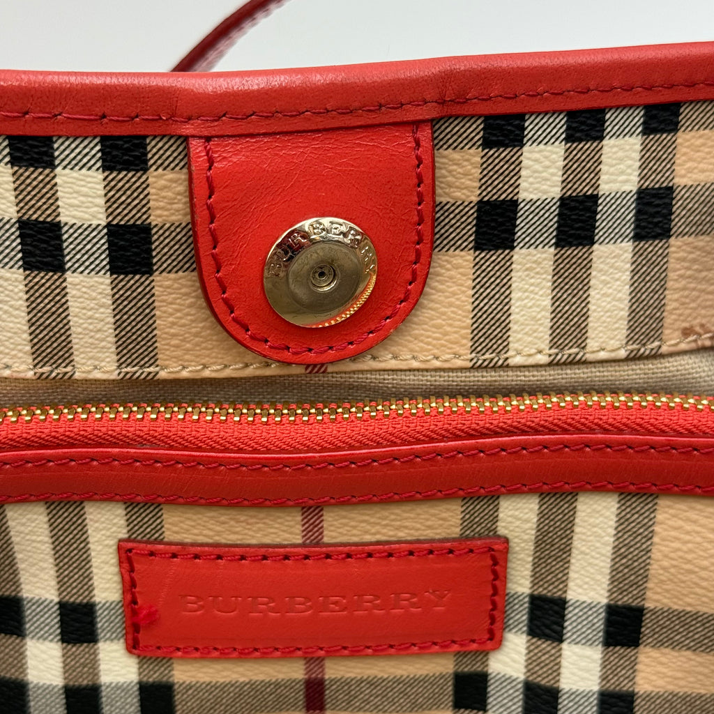 Burberry Haymarket Check Large Shopper Tote with Red Leather Trim